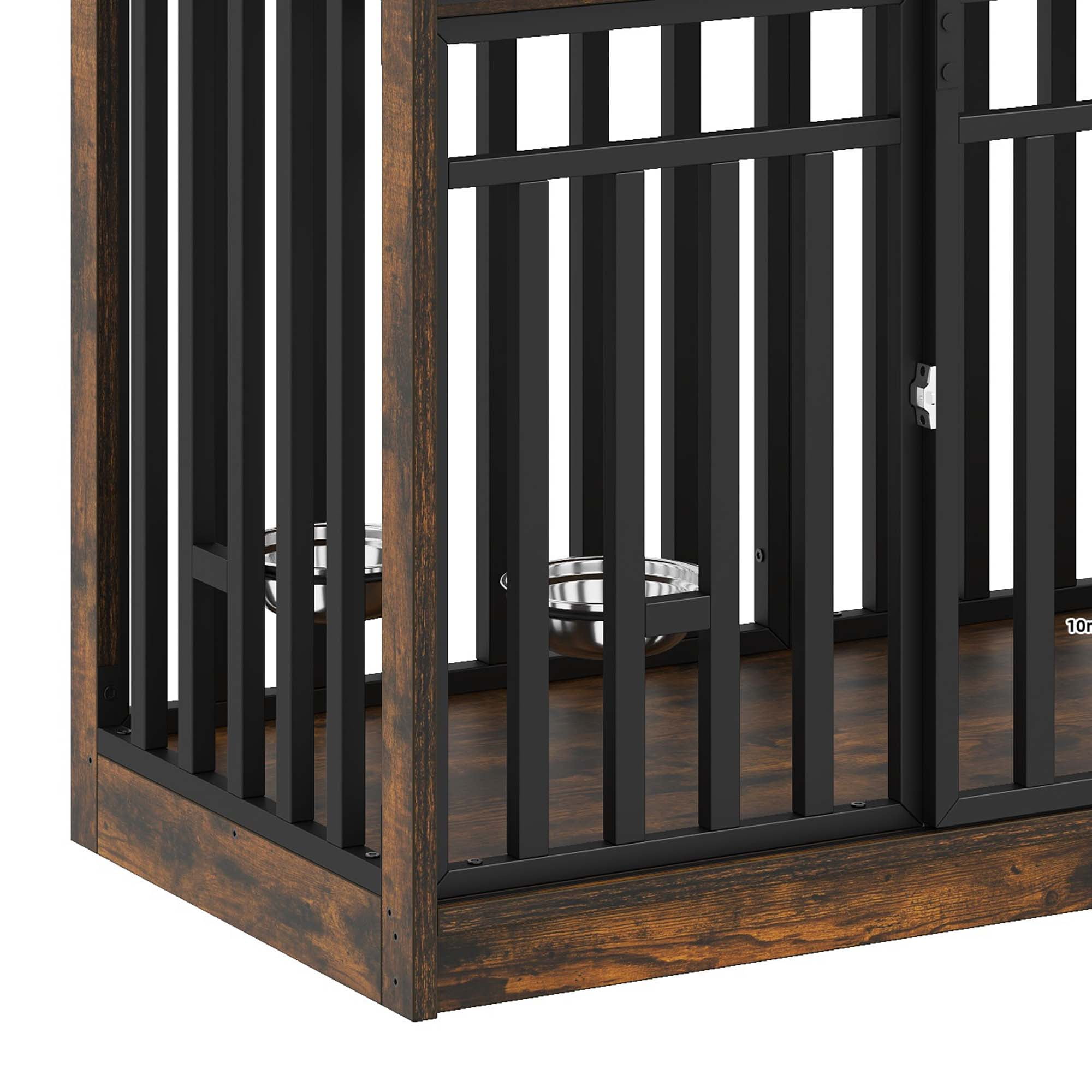Dextrus 71" Large Double Dog Crate Kennel Furniture with 4 Dog Bowl, Sliding Doors for 2 Medium Dogs, Heavy Duty Wood TV Stand Dog Cage Table - Rustic Brown