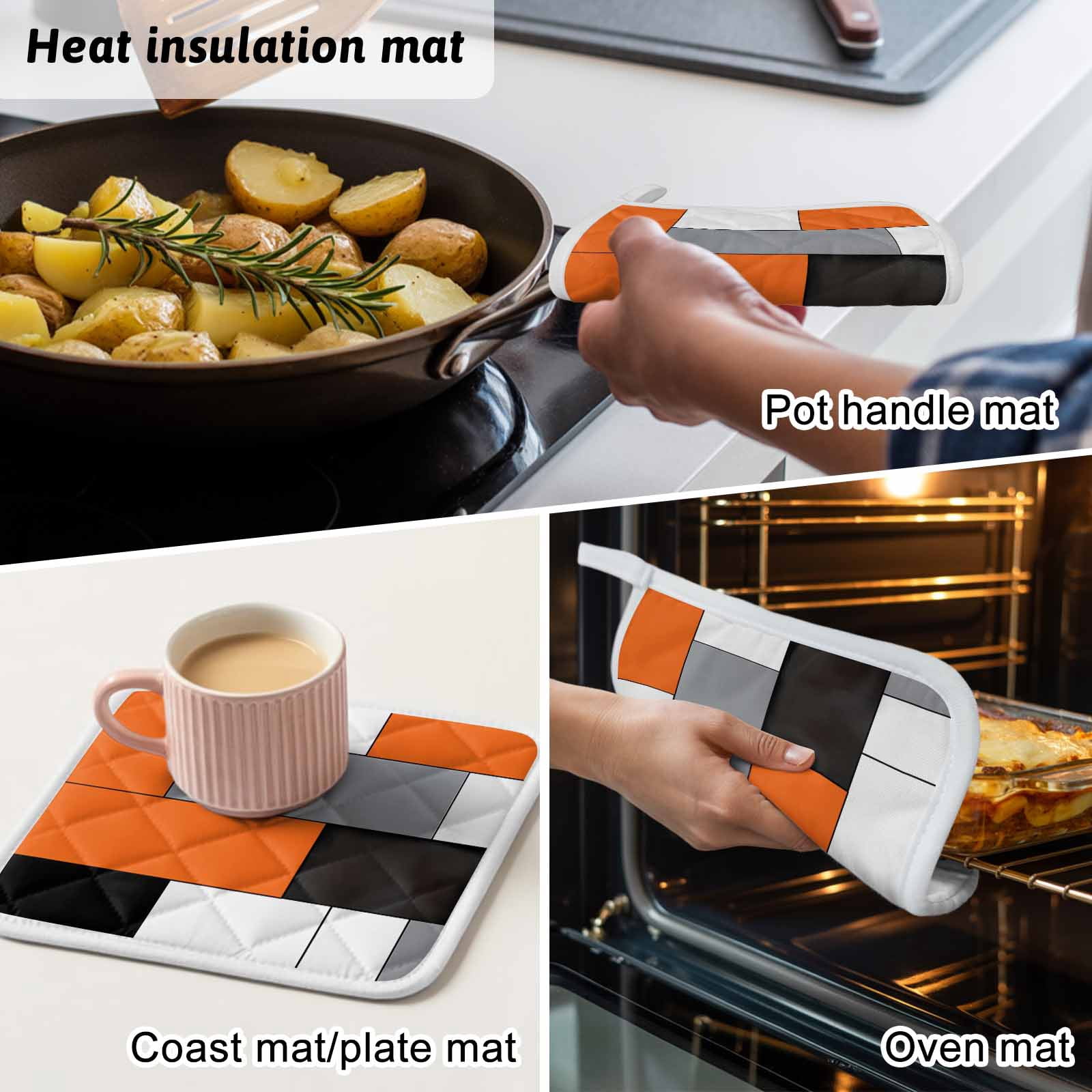 Burnt Orange Black Grey Pot Holders for Kitchen Heatproof Potholder, 5 Pack Modern Irregular Geometric Abstract Hot Pads Multipurpose Oven Pads Cloth Potholders Trivet for Cooking Baking