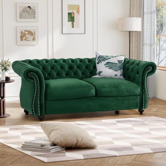 YWEN 61"W Mid Century Modern Chesterfield Couch,Upholstered Velvet Loveseat Sofa with Button Tufted & Rolled Armrests,Comfy Deep Seat Sofa with Nailhead Trim & Gourd Legs for Living Room,Apartment