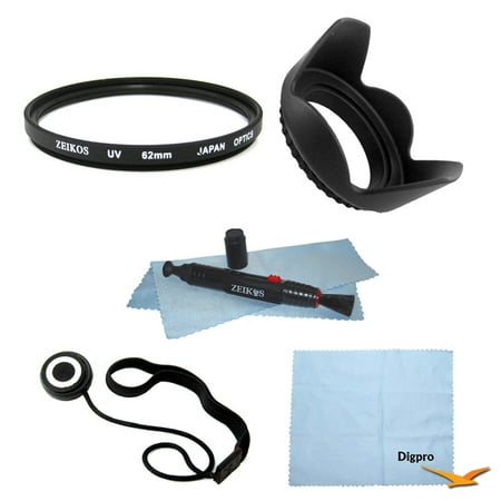 Special 62mm Filter & Hood 5 pc Bundle Multicoated UV Protective Filter Hard Lens Hood Nikon Canon Sony other DSLR Camera Micro Fiber Cloth Lens Cap Keeper LCD Lens Cleaning Pen