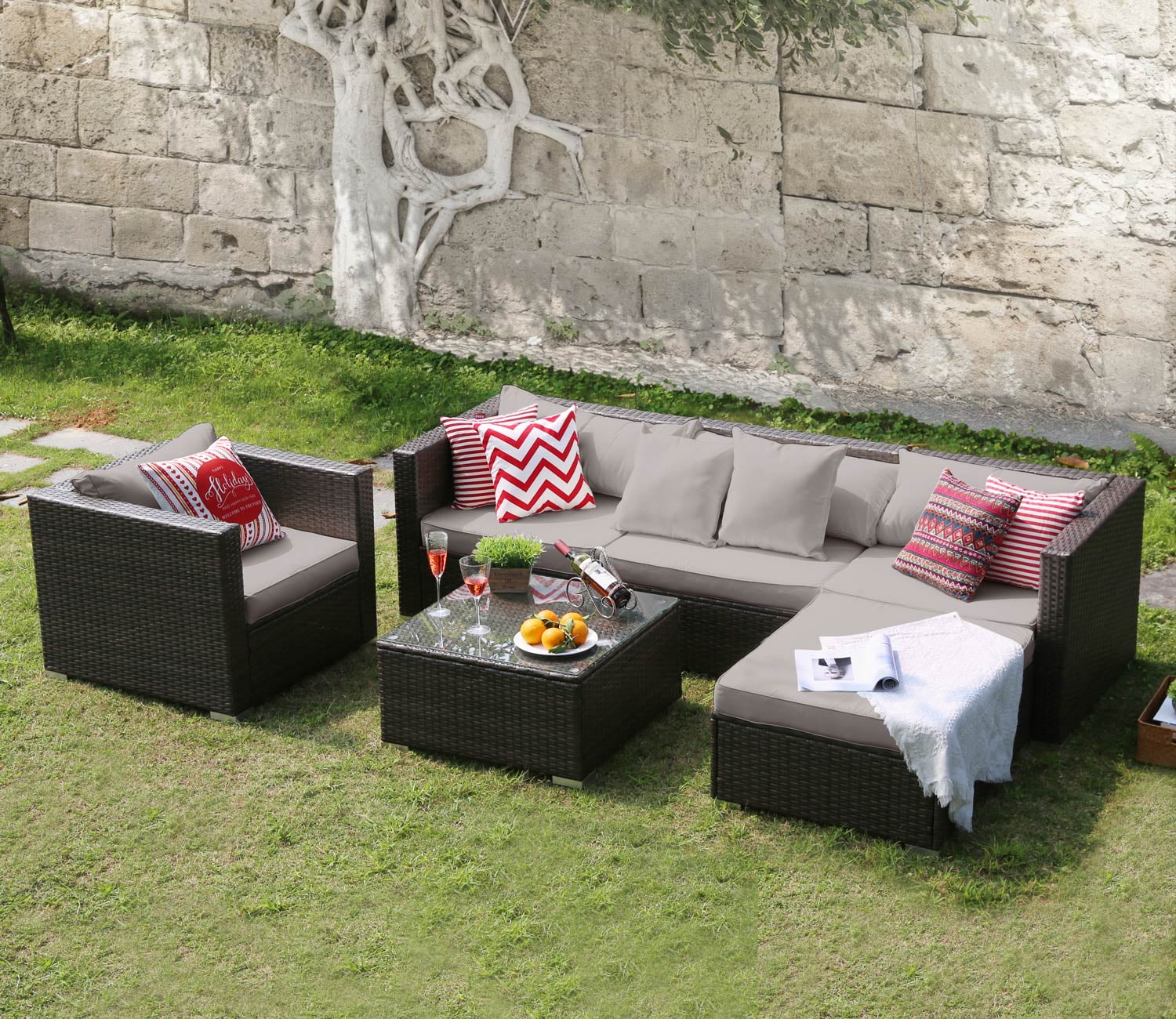 Tribesigns Outdoor Furniture Sectional Sofa Set, 6 PCS Rattan Sofa & Cushions Set for Patio, Yard, Grass Ground, Poolside