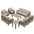 thumbnail image 3 of COOS BAY 8 Piece Brown Wicker Patio Sofa Set Outdoor Rattan Furniture Conversation Set 3-Seat Sofa,Loveseat, Dining Chairs and Swivel Glider Chairs with Gray Cushions, Wood Grain Top Tables, 3 of 12