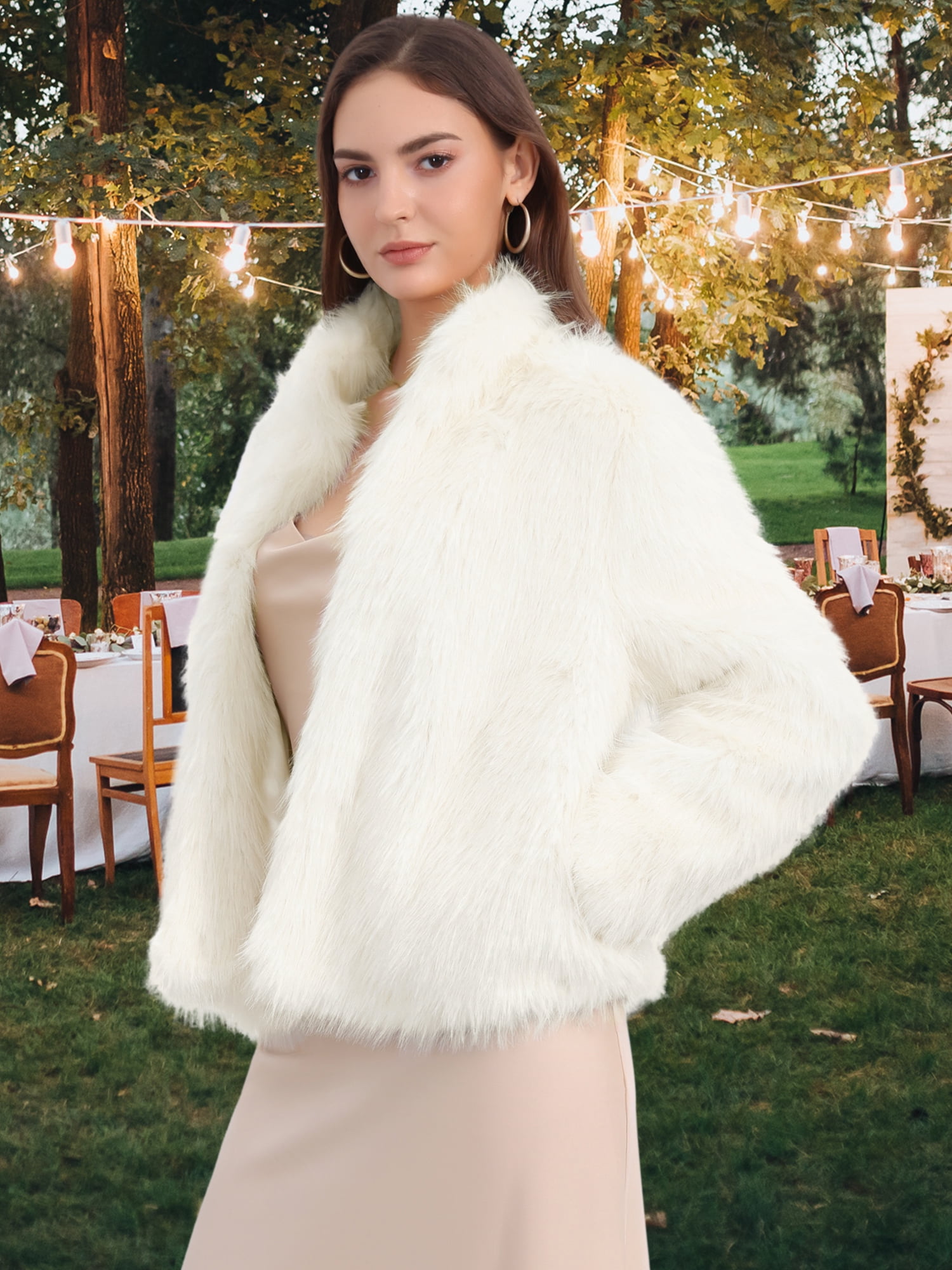 DARING DIVA Women's Faux Fur Cropped Jacket Open Front Shaggy Winter Outerwear S Apricot