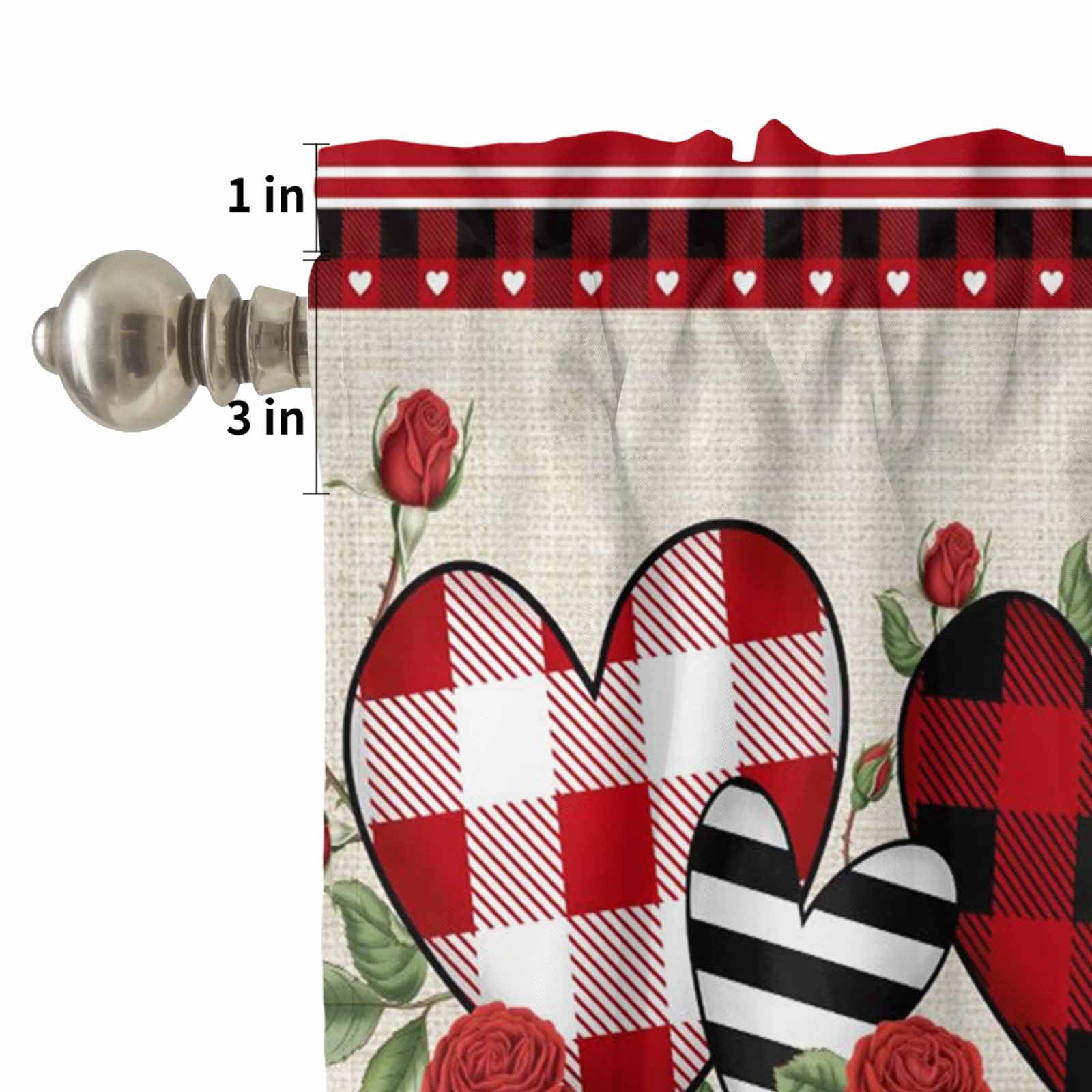 Kitchen Window Curtains Valance and Tier Set, Valentine's Day Love Rose Flower Rod Pocket Tier Curtains and Valance 3 Piece Set, Red Plaid Retro Linen Window Treatment for Bedroom Living Room