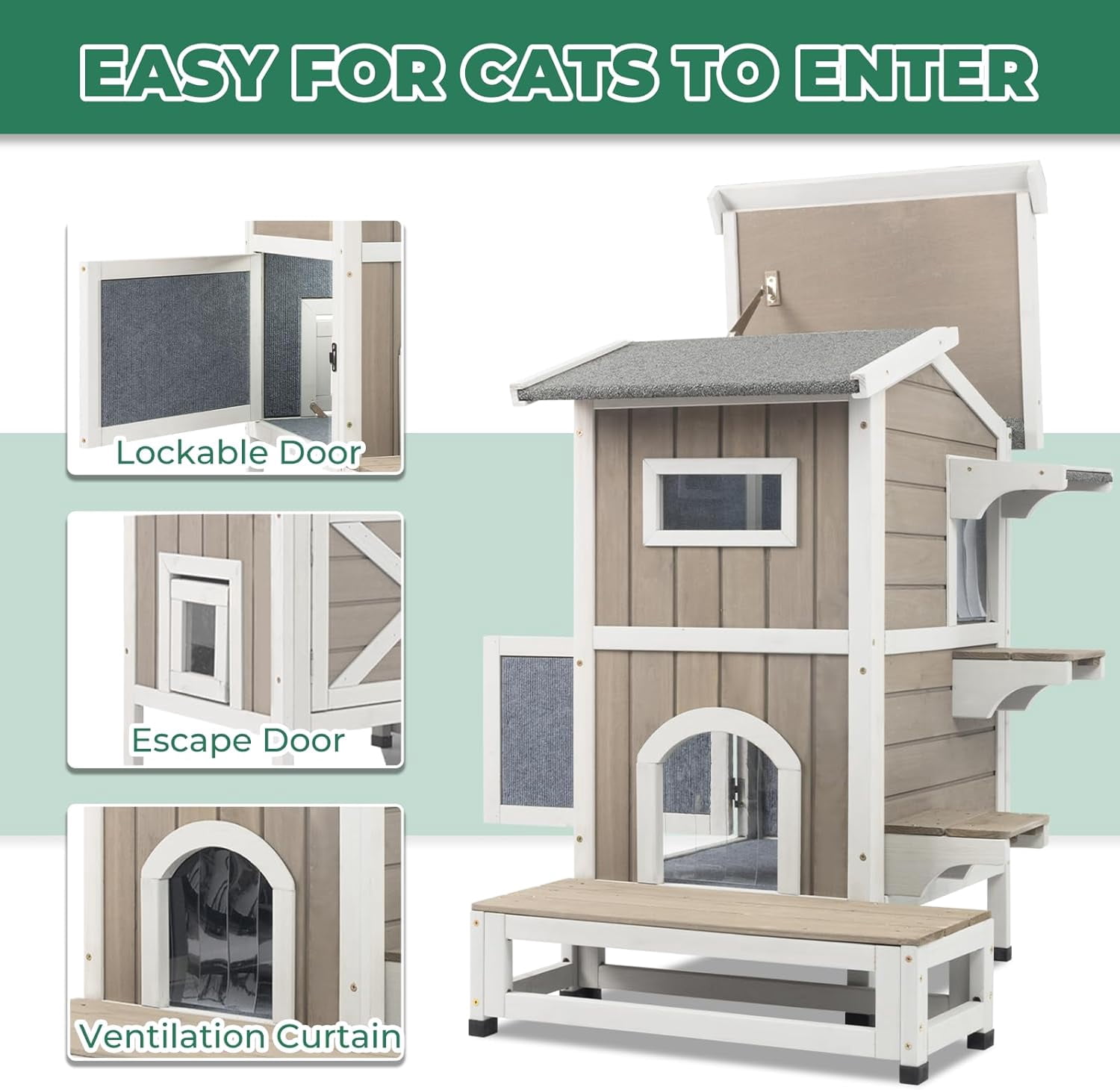 Gowoodhut Insulated Cat House, Outdoor Cat House Weatherproof with Jumping Platforms,Grey