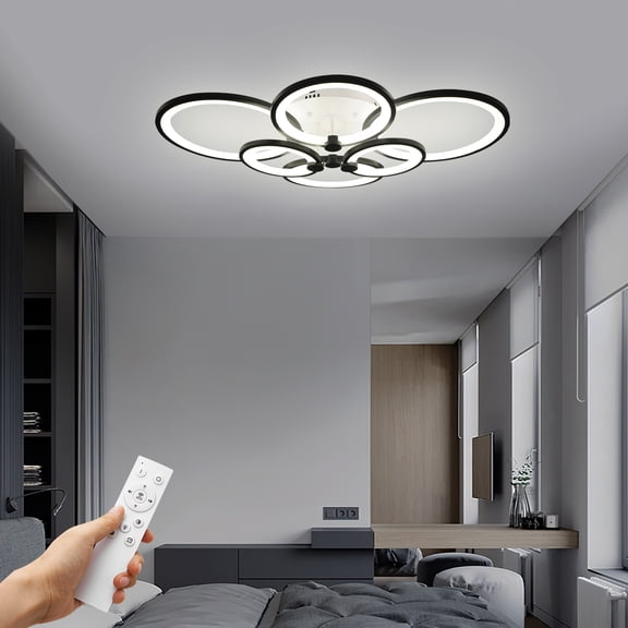6-Ring LED Ceiling Light 60W Modern Black Dimmable Chandelier with Remote Control Acrylic Flush Mount for Living Room, Bedroom