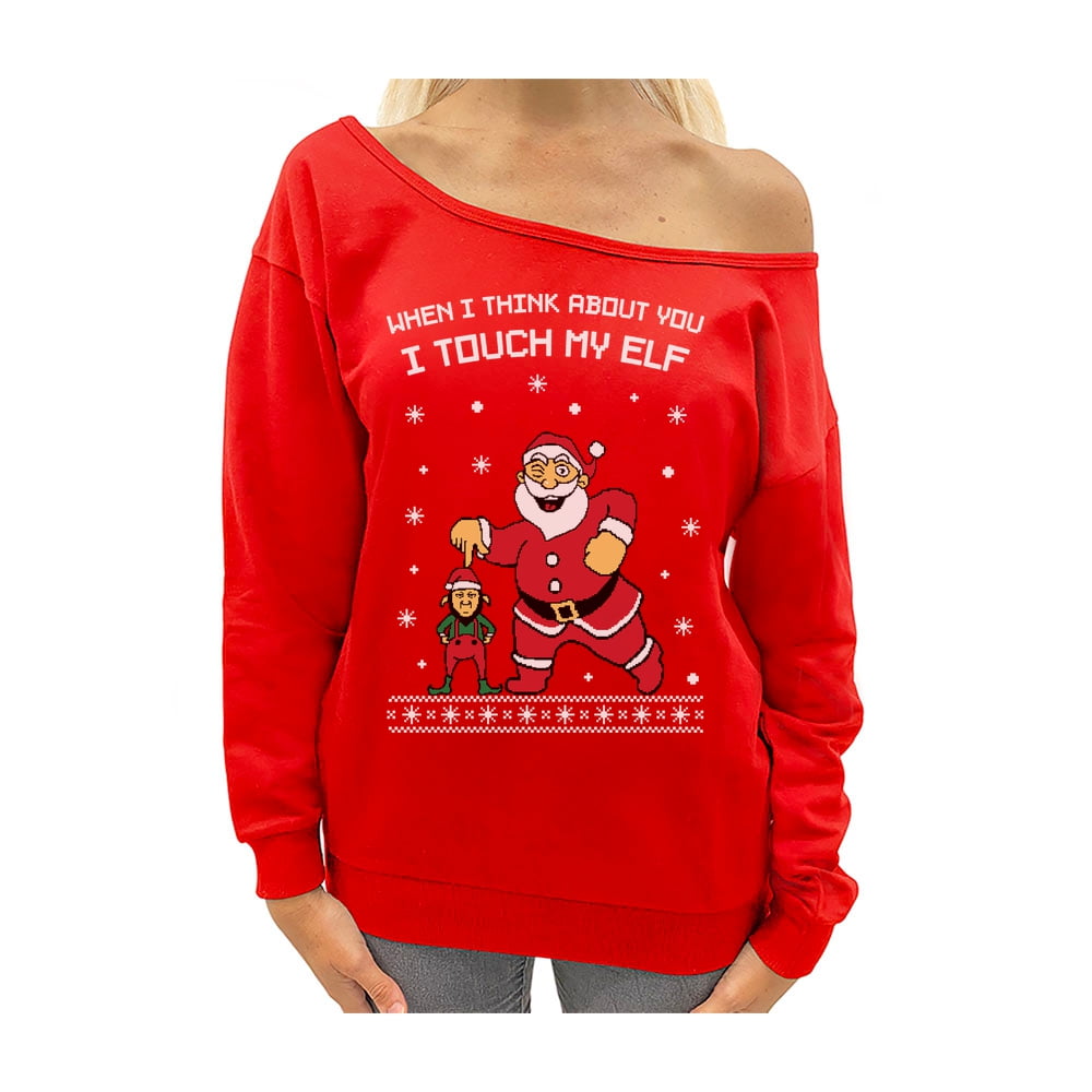 Grandma Elf Christmas Sweatshirt Off the Shoulder Top Wine Drinking Xmas Sweater 