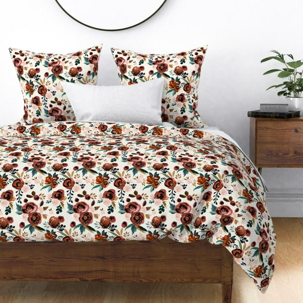 Watercolor Roses Rose Floral Rust Red Orange Sateen Duvet Cover By