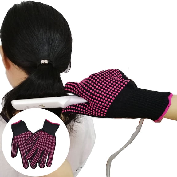 Leatfisat 2 Pcs Heat Resistant Gloves With Silicone Bumps, Heat Proof Glove Mitts For Hair Styling Curling Iron Wand Flat Iron Hot-Air Brushes Sublimation Gloves Rose Red
