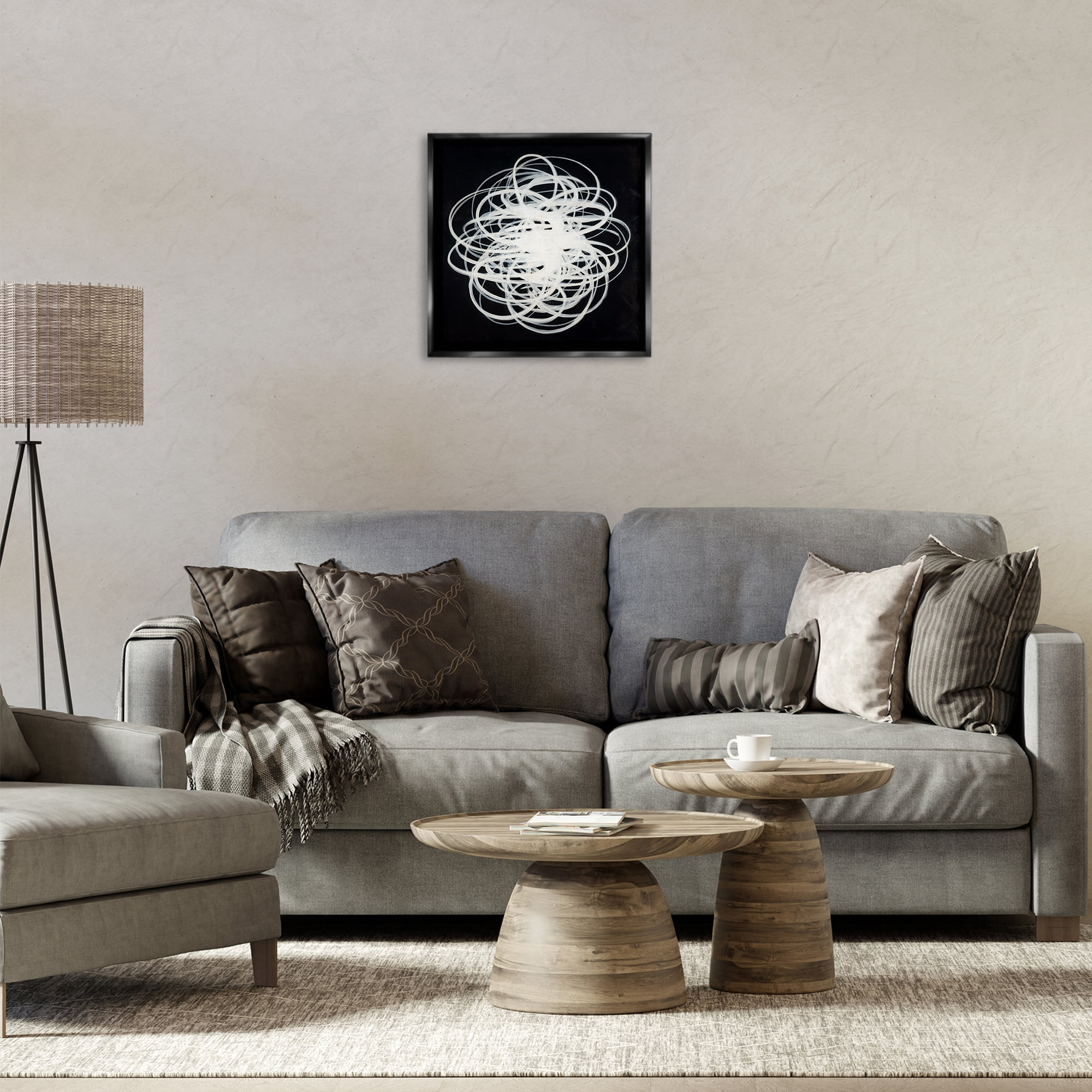Stupell Industries Chaotic Scribble on Black Abstract Painting Black Floater Framed Canvas Art Print Wall Art, 18 x 18