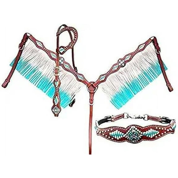 Western Headstall Breast Collar Reins & Wither Straps Tack Set Cowhide Leather Handmade Beaded Tooled Carved Horse Saddle Riding Tooling Carving Equestrian Size Full