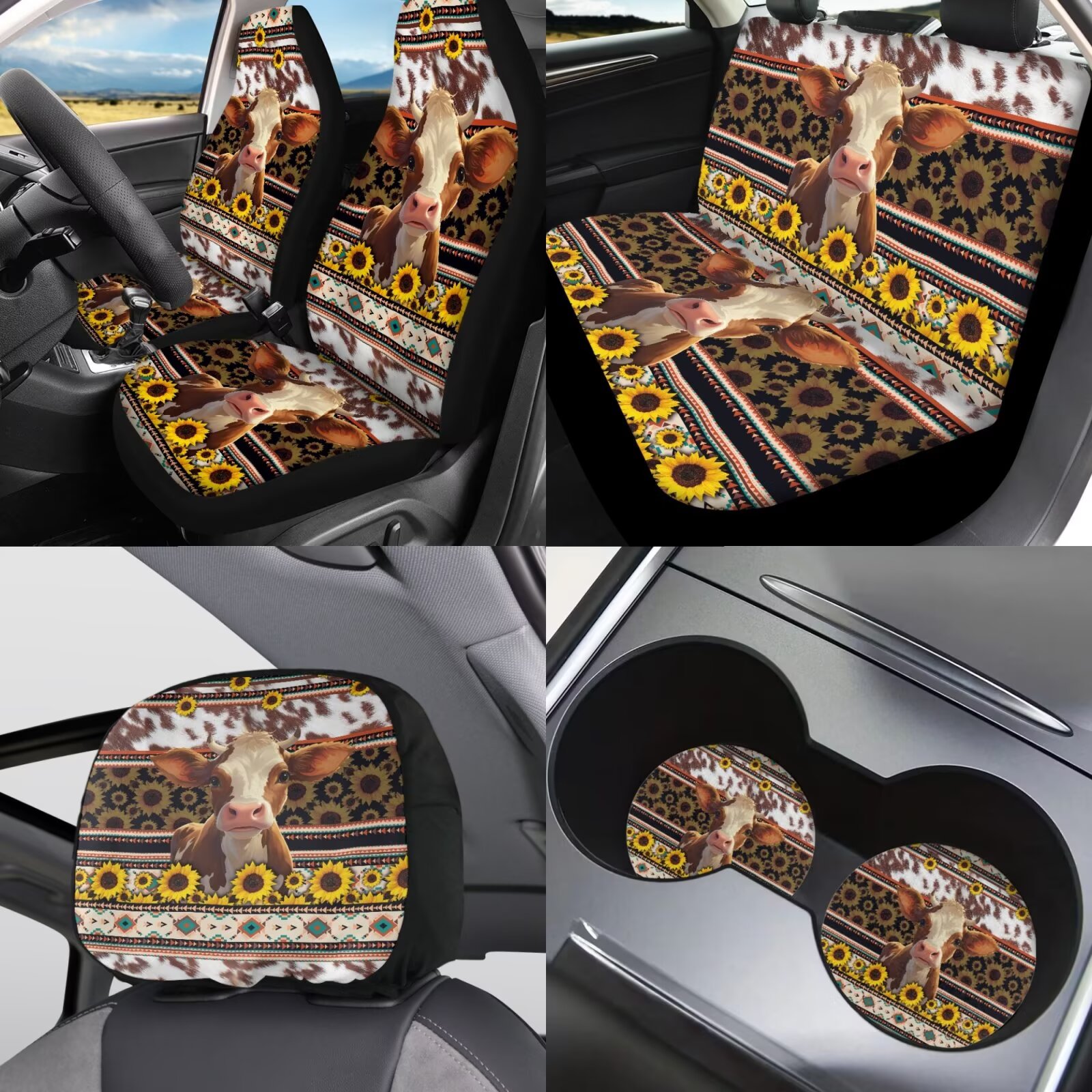 Garronmavis Aztec Highland Cow Car Seat Covers Full Set soft with Cars Headrest Protectors+Lanyards Key Ring+Auto Cup Coaster+Handbrake Gear+Shift Knob Cover Car Interior Accessories