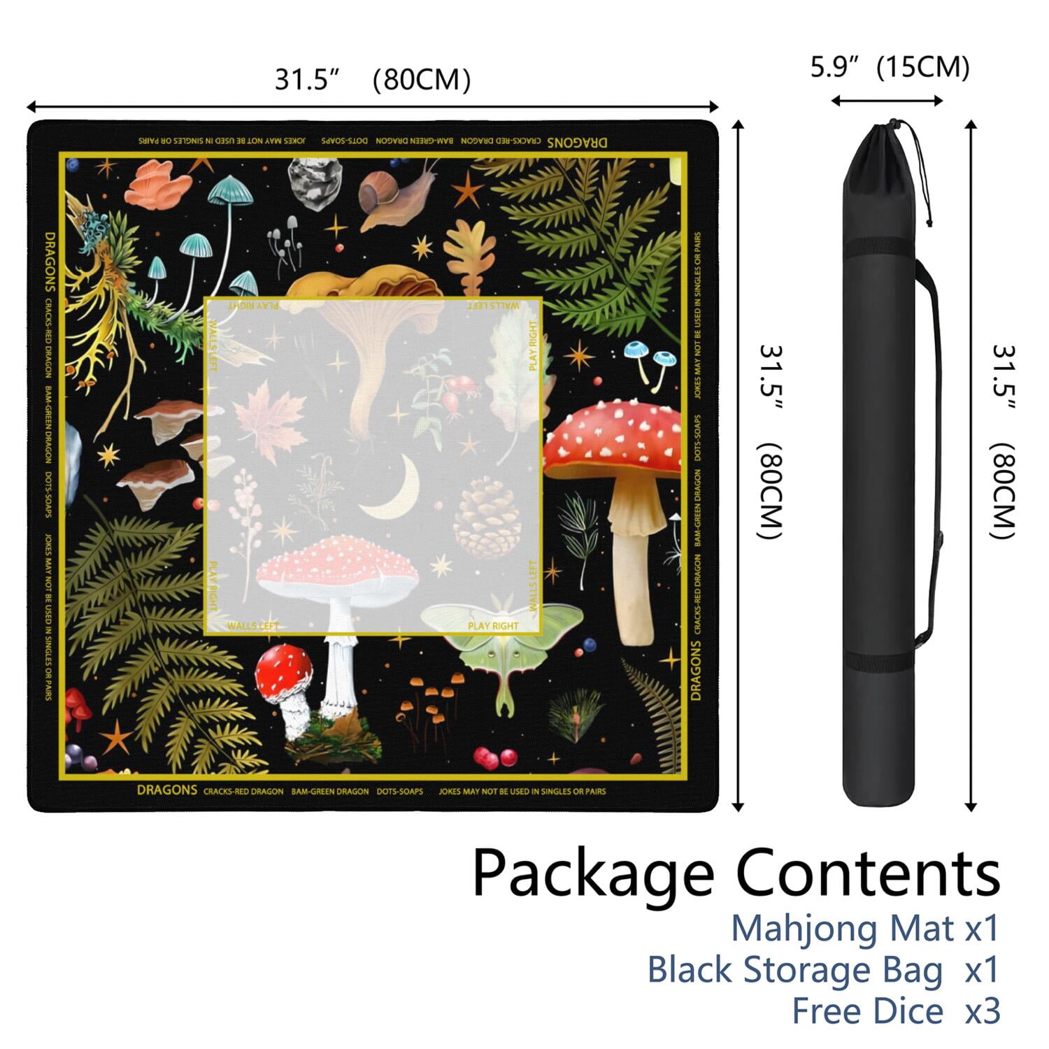 Mashroom Mahjong Mat with Rules, 31.5*31.5in Anti Slip American Mahjong Mat for Table, Noise Reduction, Neoprene Mah jongg Mats with Carrying Bag & 3 Dices, Mahjong Sets Gift, Board Tile Games Mats