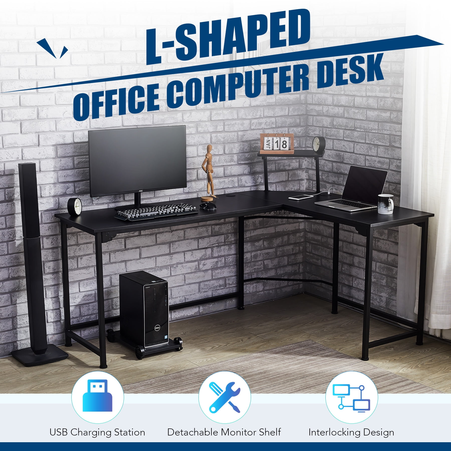 L Shaped Gaming Desk Computer Corner Desk w Cable Management 72x19 53x19 Black