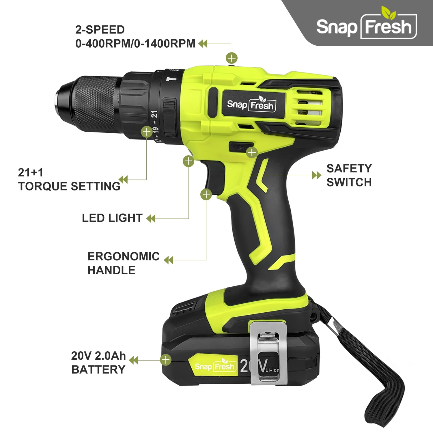 SnapFresh 20V Cordless Drill,1/2 Metal Chuck , 445In-Lbs, 21+1 Torque Setting, 2.0Ah Battery