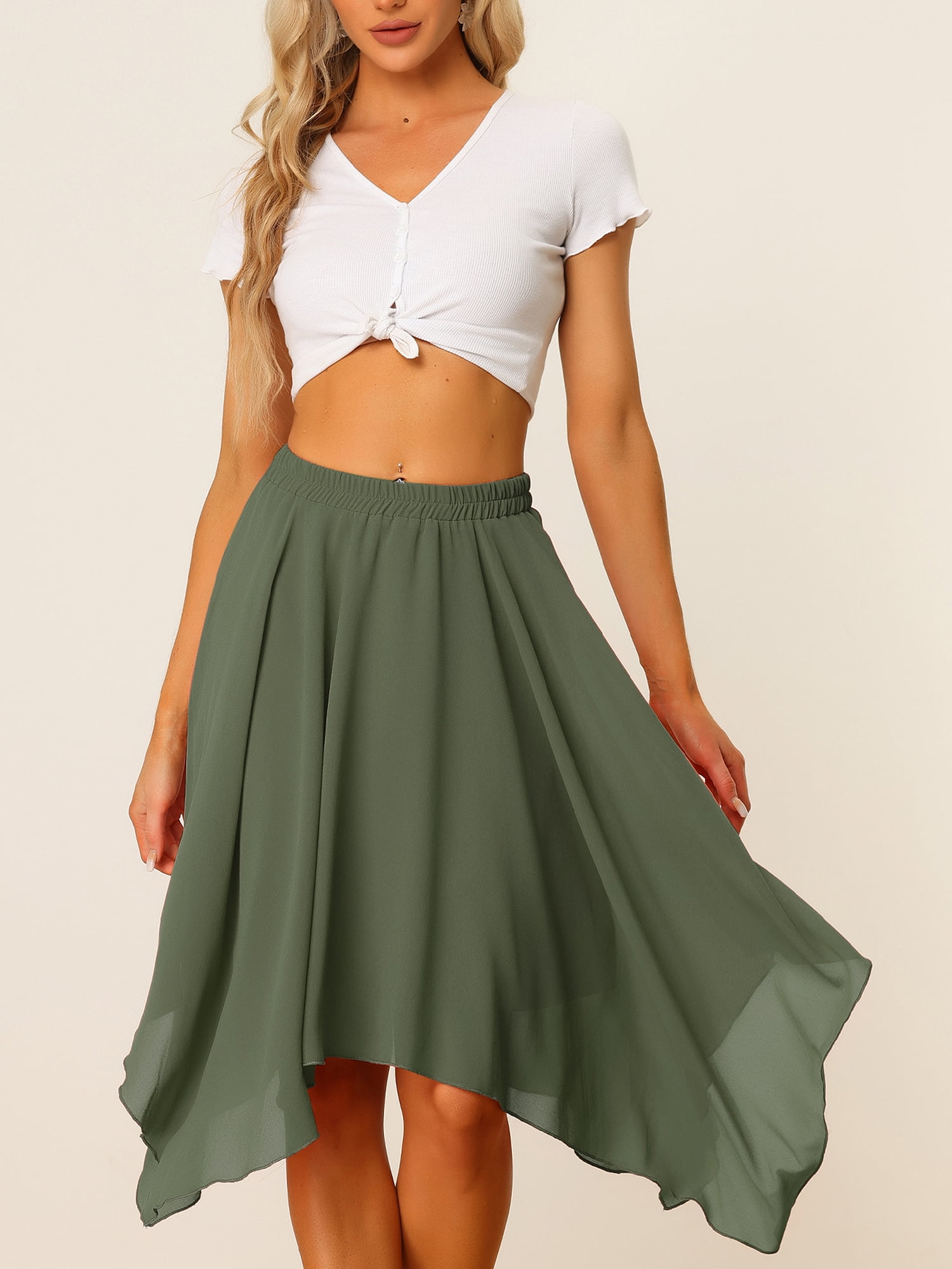 DARING DIVA Women's Asymmetrical Hem Elastic Waist Chiffon Flowy Midi Skirt Medium Army Green