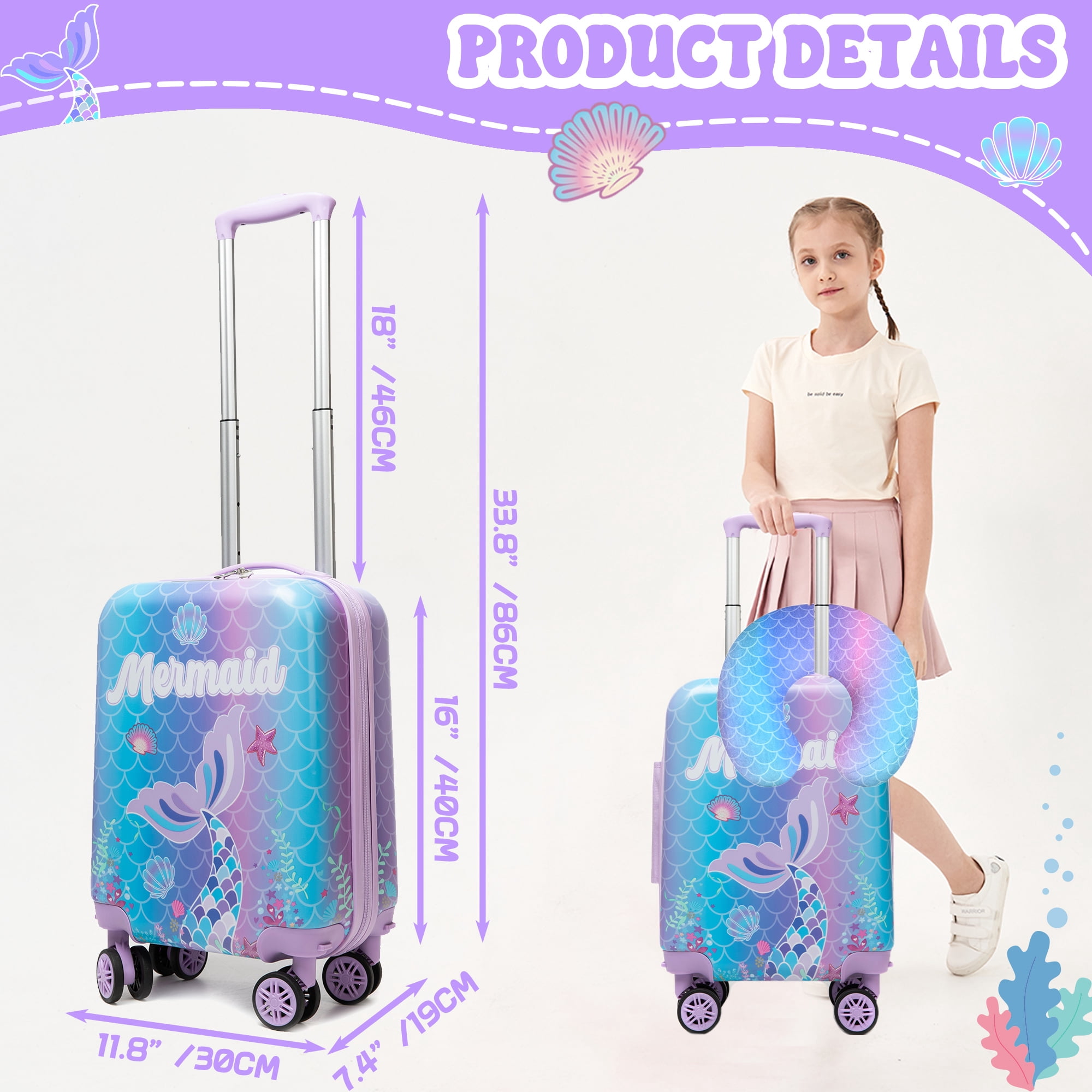 Kids Carry on Luggage Sets for Girls Lightweight Suitcases with Wheels Hardshell with Travel Pillow School Backpaak for Toddler Travel Essential