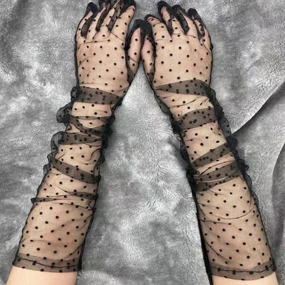 KuKuZhu Fashion Dot Lace Long Gloves Female Elegant Stretch Tulle Mesh Semi Sheer Women Full Finger Mittens Bride Wedding Black Golves