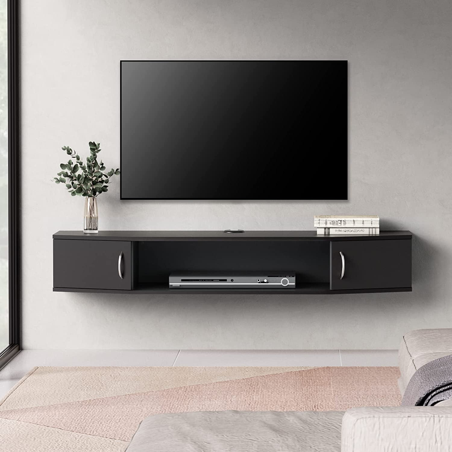 FITUEYES Floating TV Stand with Yellow LED Light, Wall Mounted TV Shlef, Entertainment Center Console Stand with Storage Cabinets for Living Room Bedroom
