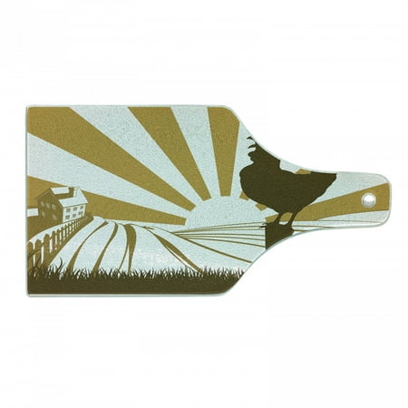 

Rooster Cutting Board Morning in the Farm with Cockerel at Dawn with Sunrise in the Background Tempered Glass Cutting and Serving Board Wine Bottle Shape Sepia Pale Coffee by Ambesonne