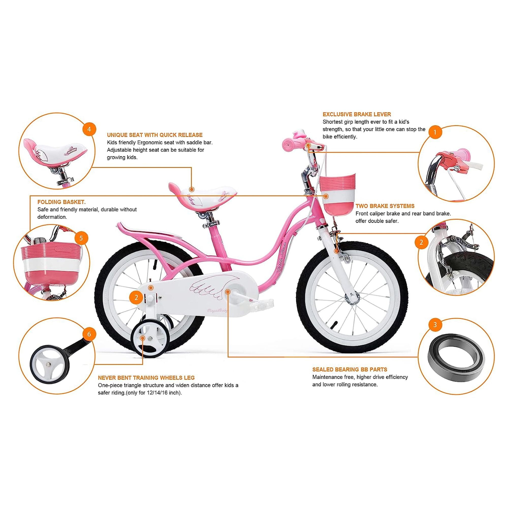 Royalbaby Little Swan Girls and Kid's 18 In Two Hands brakes Children's Beginner Bicycles with Basket Pink and white
