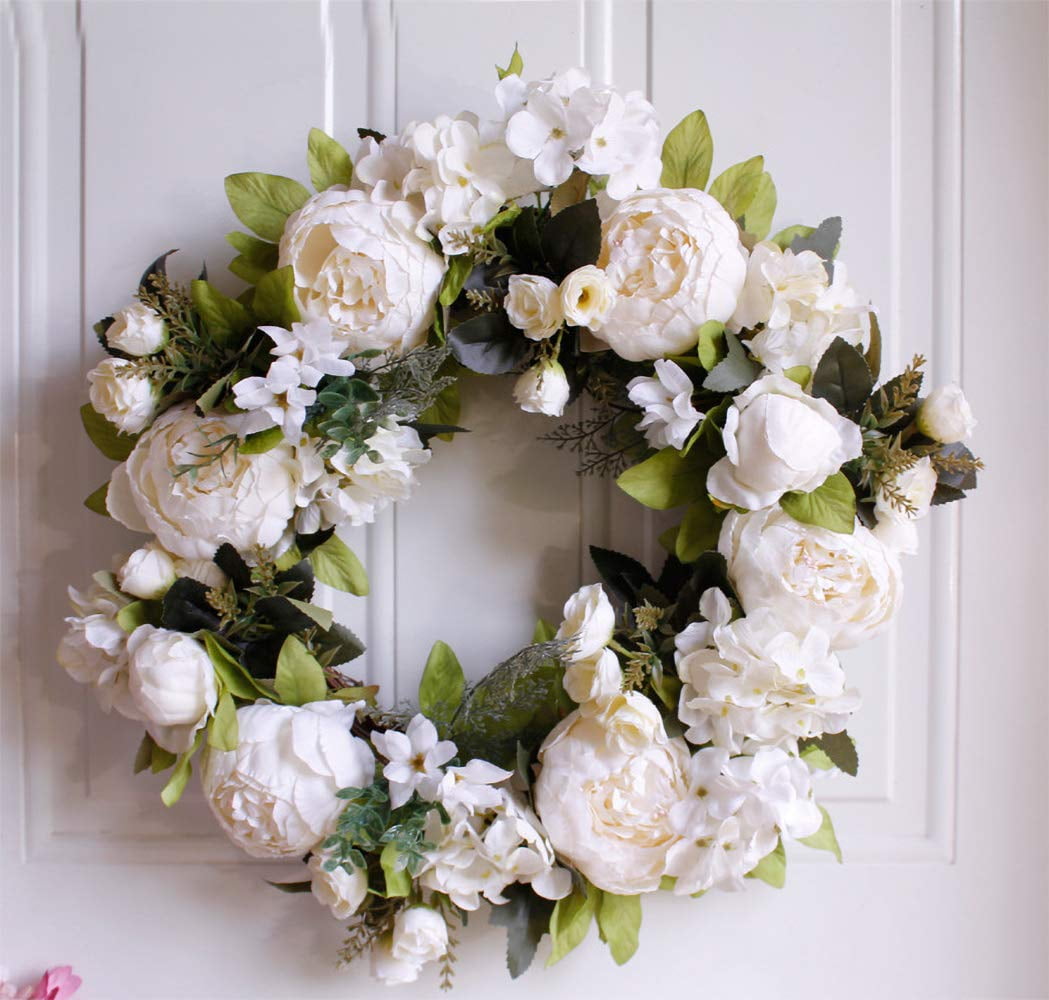 Decorative Wreaths Coolmade Artificial Peony Flower Wreath - 15" White Flower Door Wreath with  Green Leaves Spring Wreath for Front Door, Wedding, Wall, Home Decor -  Walmart.com