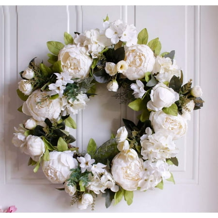 Coolmade Artificial Peony Flower Wreath 15 White Flower Door Wreath With Green Leaves Spring Wreath For Front Door Wedding Wall Home Decor