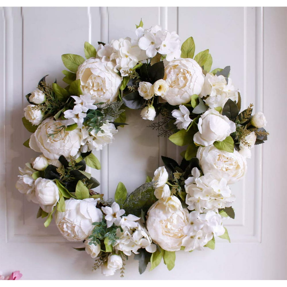 Coolmade Artificial Peony Flower Wreath 15" White Flower Door Wreath with Green Leaves Spring