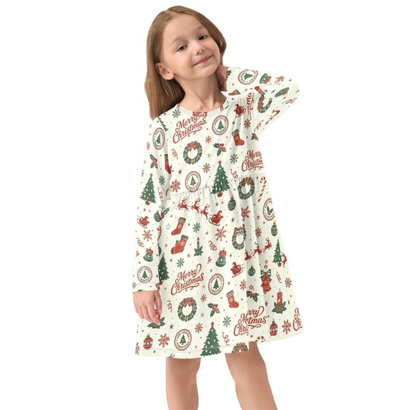 Girls Dress Soft Casual Long Sleeve Cute Dress for Girls Fashion Prints Christmas Bell Crew Neck
