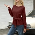 thumbnail image 4 of ZHYou Womens Belted Long Sleeve Sweatshirts,Crew Neck,Casual,Pullover Tops,with Waist Tie,Soft Tees,Wine,Size S, 4 of 6