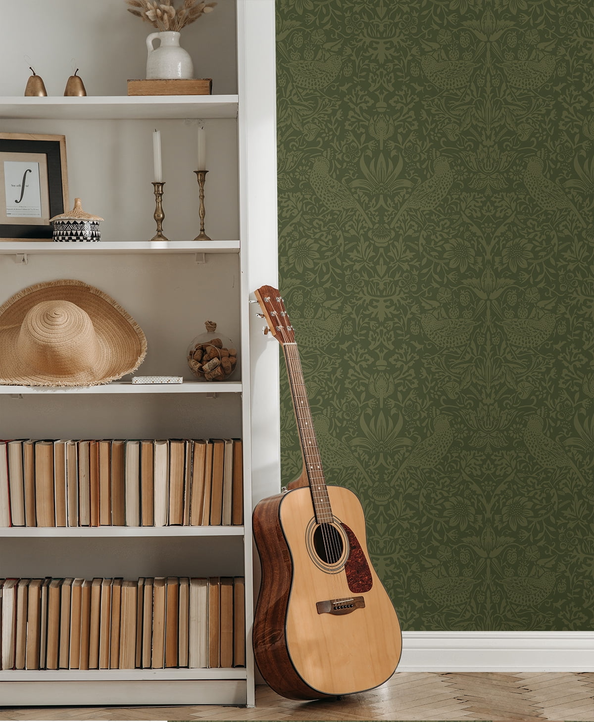 Seabrook Designs Moss Green Tonal Bird Garden Prepasted Wallpaper - 20.9 in. W. x 33 ft. L. Roll