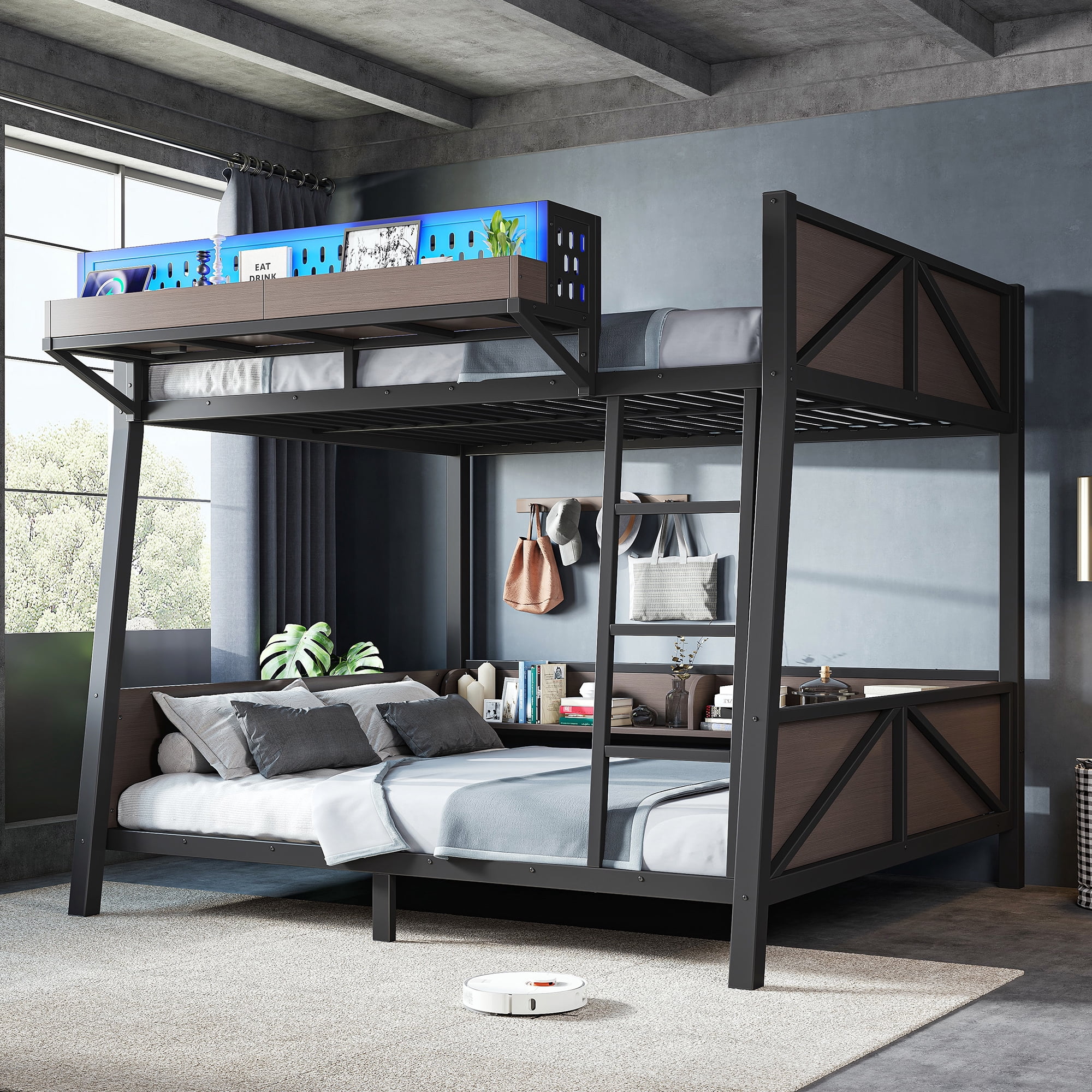 HOQBN Bunk Bed Twin Size with Storage Shelves,Metal Bunk Bed Frame with LED Light and USB Ports,Black