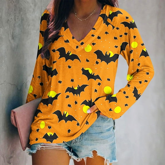 Fznquz Casual Womens Tops Dressy Orange Halloween Long Sleeve Shirt Plus Size Trendy V Neck Women Tshirts