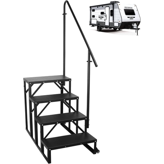 Sidasu RV Steps with Handrail, 4 Steps Hot Tub Steps with Handrail Mobile Home Stairs Steps with Anti-Slip Panel, Portable RV Steps with Wheels, Camper Steps for Travel Trailers,Home and Porch