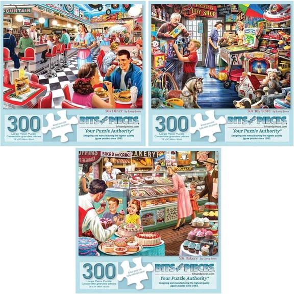 Bits and Pieces 300 Piece Jigsaw Puzzle 3-Pack for Adults – Larry Jones 1950s Americana Scenes, Large 18" x 24", Random Die-Cut Pieces, Lock-Tight Fit