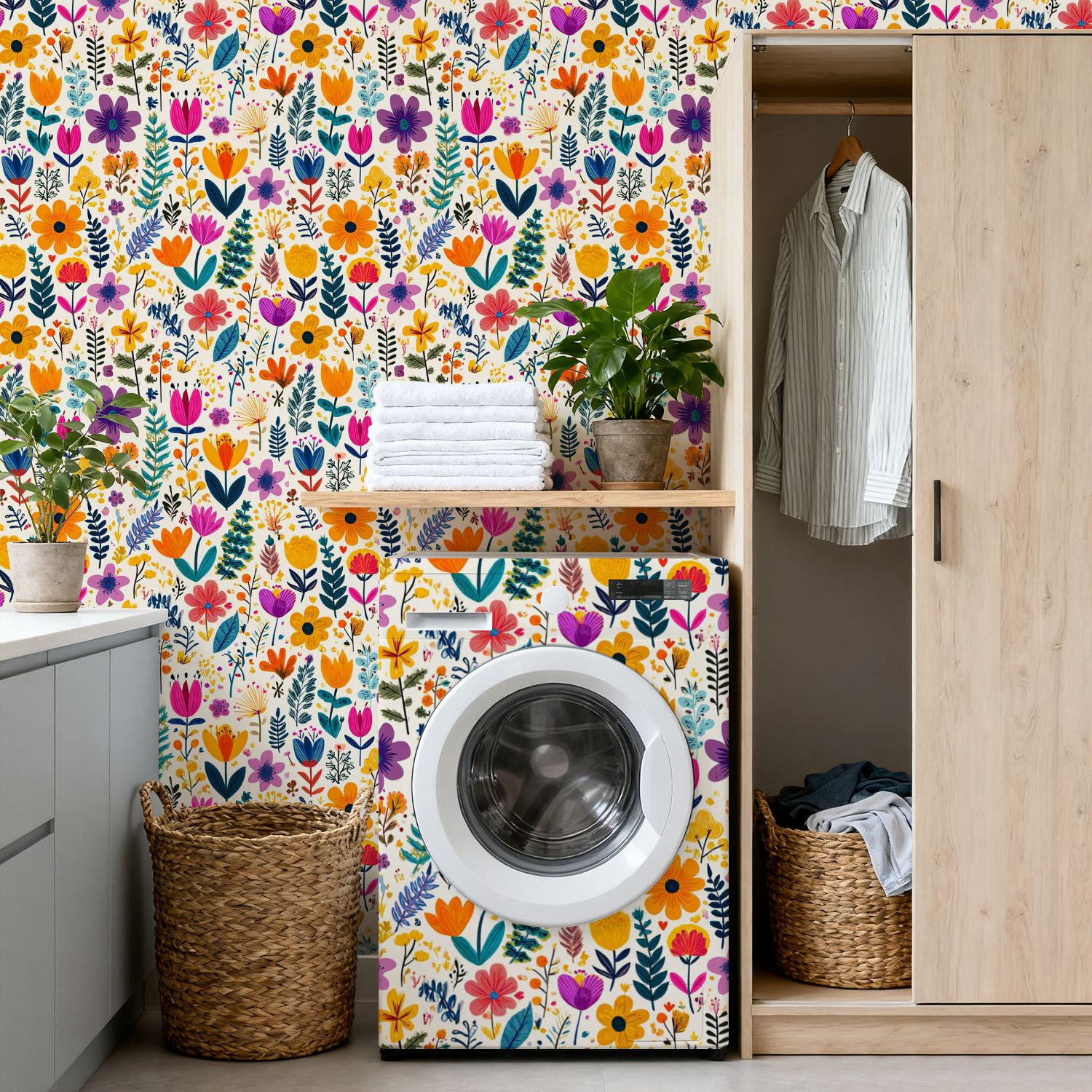 Peel and Stick Wallpaper 17.7in x 9.8ft Colorful Hand Drawn Floral Vibrant Flowers Leaves Light Contact Paper Vinyl Self-Adhesive Removable Wall Paper for Bedroom Kitchen Cabinet Renter Friendly