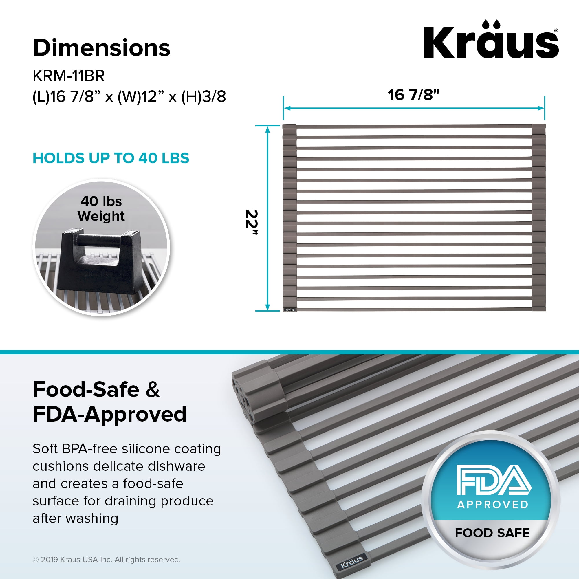 Kraus Multipurpose Workstation Sink Roll-Up Dish Drying Rack in Light Grey