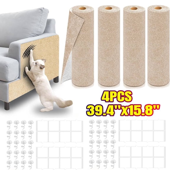 4 Pack 39.4"x 15.8" Cat Scratch Couch Furniture Protector, Adhesive Cat Scratch Pad Deterrent for Furniture, DIY Climbing Cat Scratcher Couch Protector from Cat Claws Scratching for Indoor