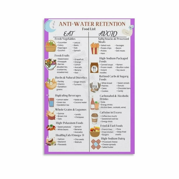 ANTI WATER RETENTION Food List Poster Healthy Diet Canvas Painting Wall Art Poster for Bedroom Living Room Decor