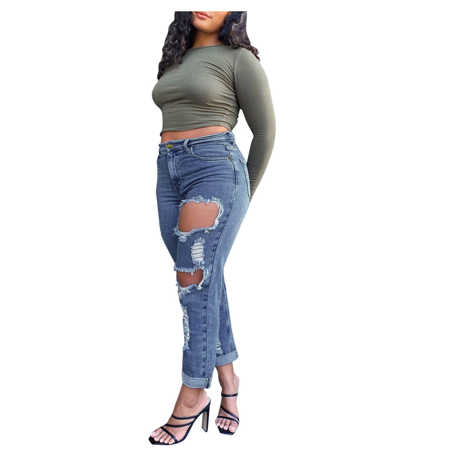 Slim Hole Flannel Jeans Pants 