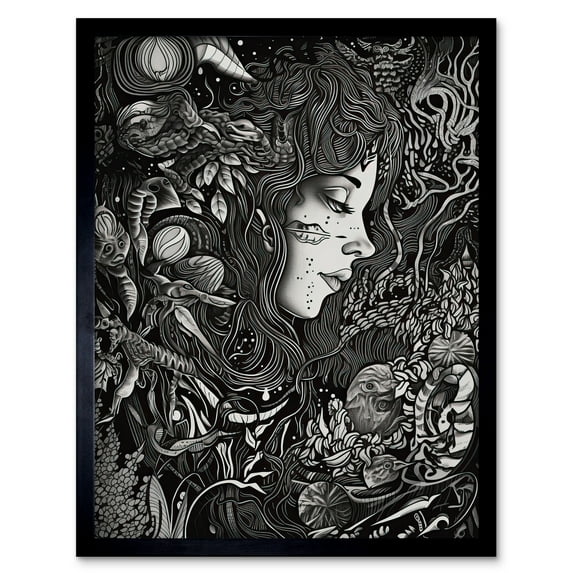 Nature Goddess Black and White Modern Illustration Art Print Framed Poster Wall Decor 12x16 inch