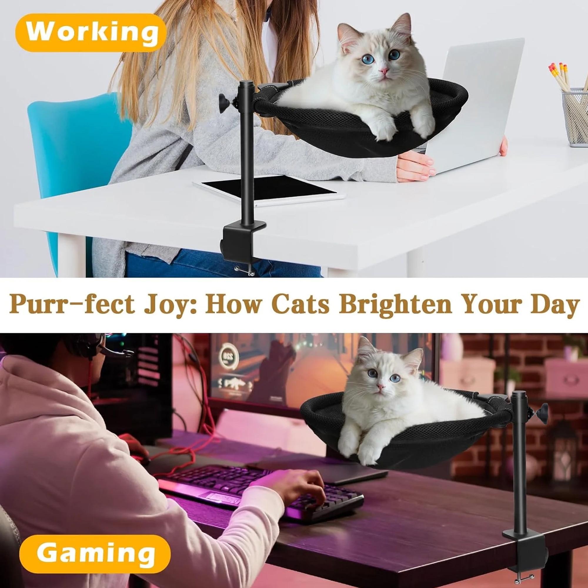 Cat Desk Bed, Cat Hammock for Home Office, Cat Desk Perch with 360° Rotating & Adjustable Height, Modern Indoor Cat Furniture, Foldable Cat Beds Office Desks, Gaming Tables & Island Tables