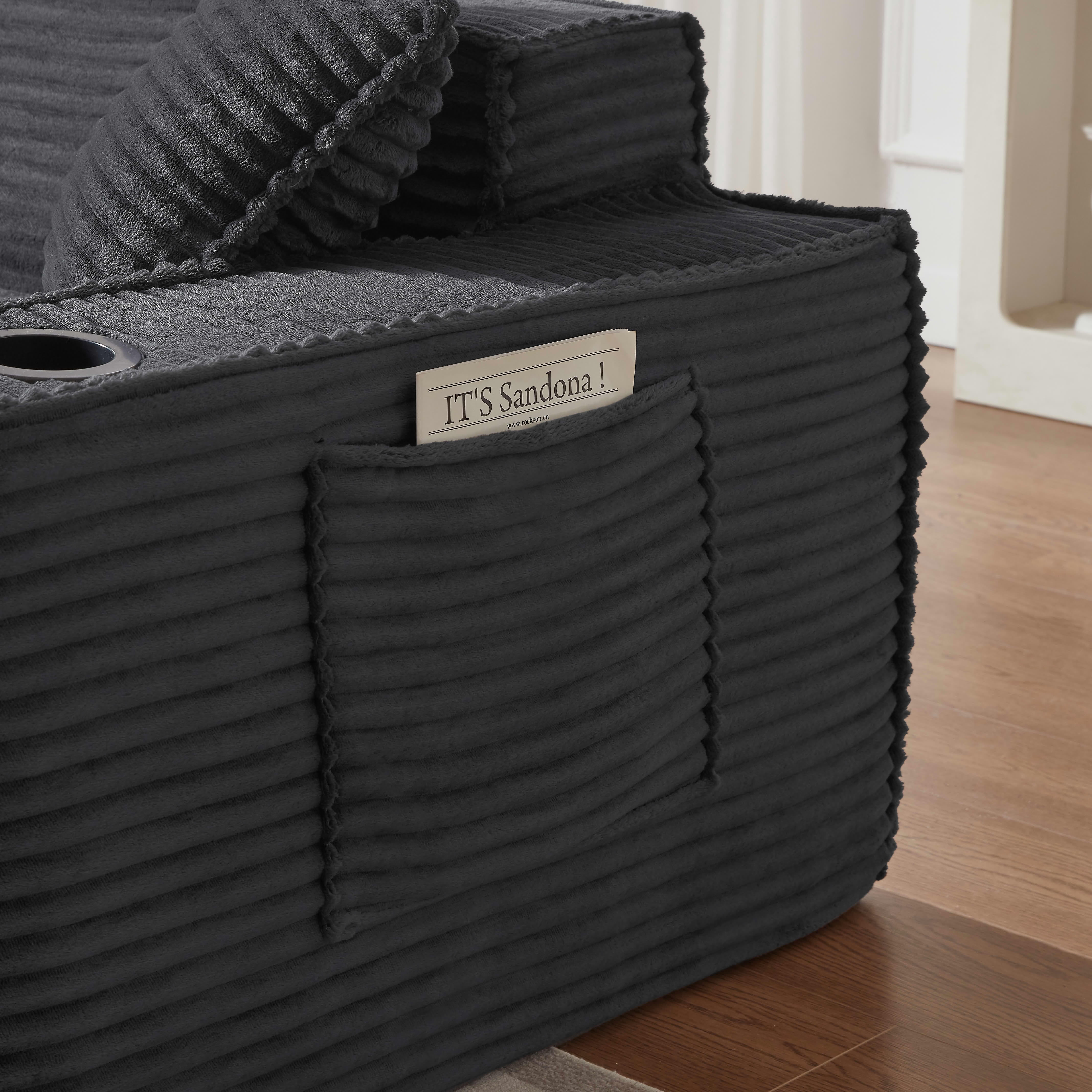 MAYEERTY Modern Minimalist Corduroy Couch with Side Pockets & Cup Holders, Space-saving for Apartments/Offices, Gray