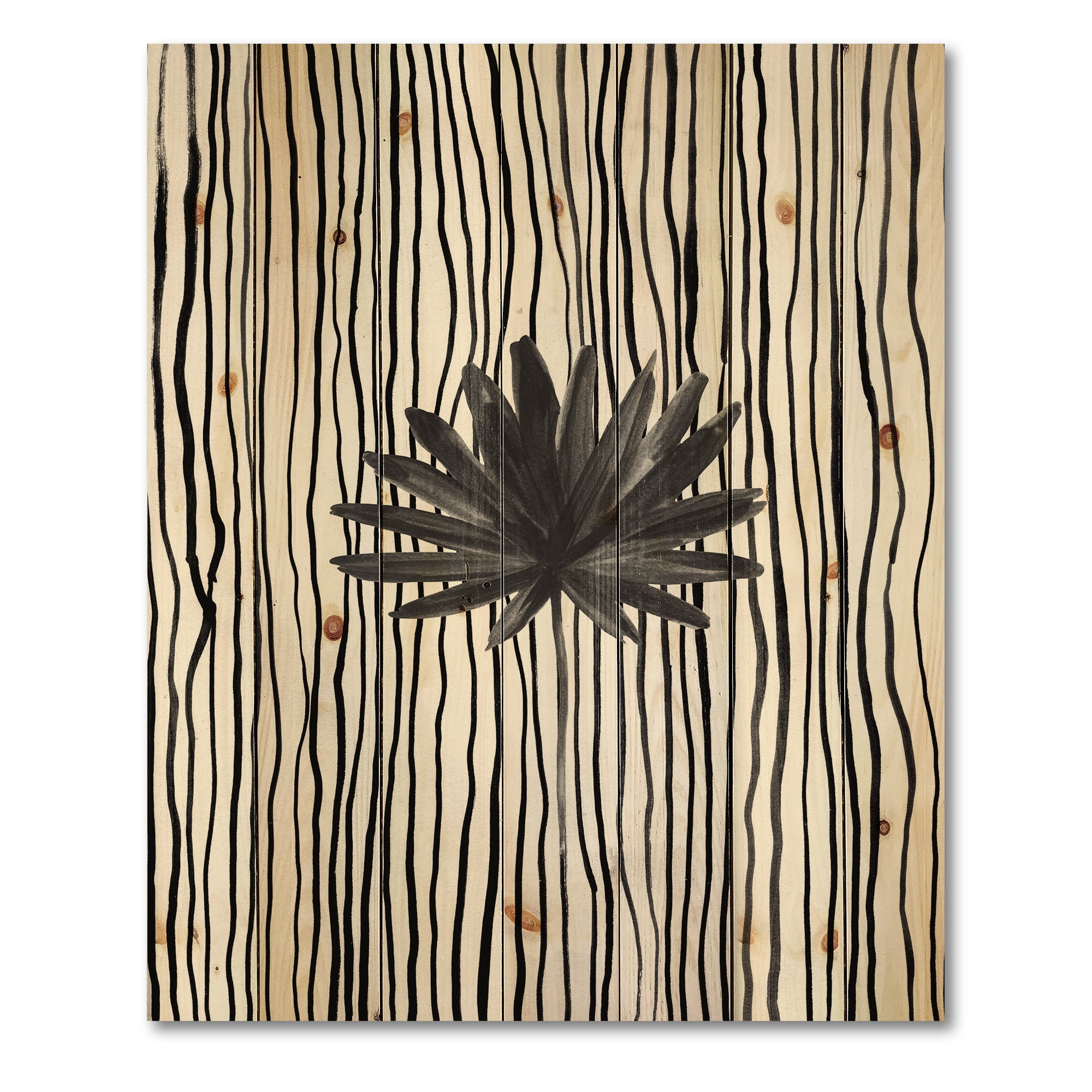 Designart 'Black and White Striped Under Tropical Leaf III' Modern Print on Natural Pine Wood