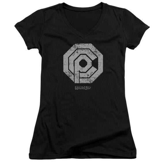 Robocop Distressed Ocp Logo Junior Women's V-Neck T-Shirt Black