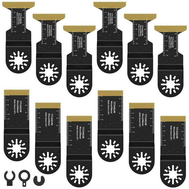 12pcs Titanium Oscillating Saw Blades Set 1.34/1.73inch Multipurpose Bi-Metal Oscillating Multitool Blades Wear-Resistant Cutting Oscillating Tool Blades for Cutting Metal Wood Nail