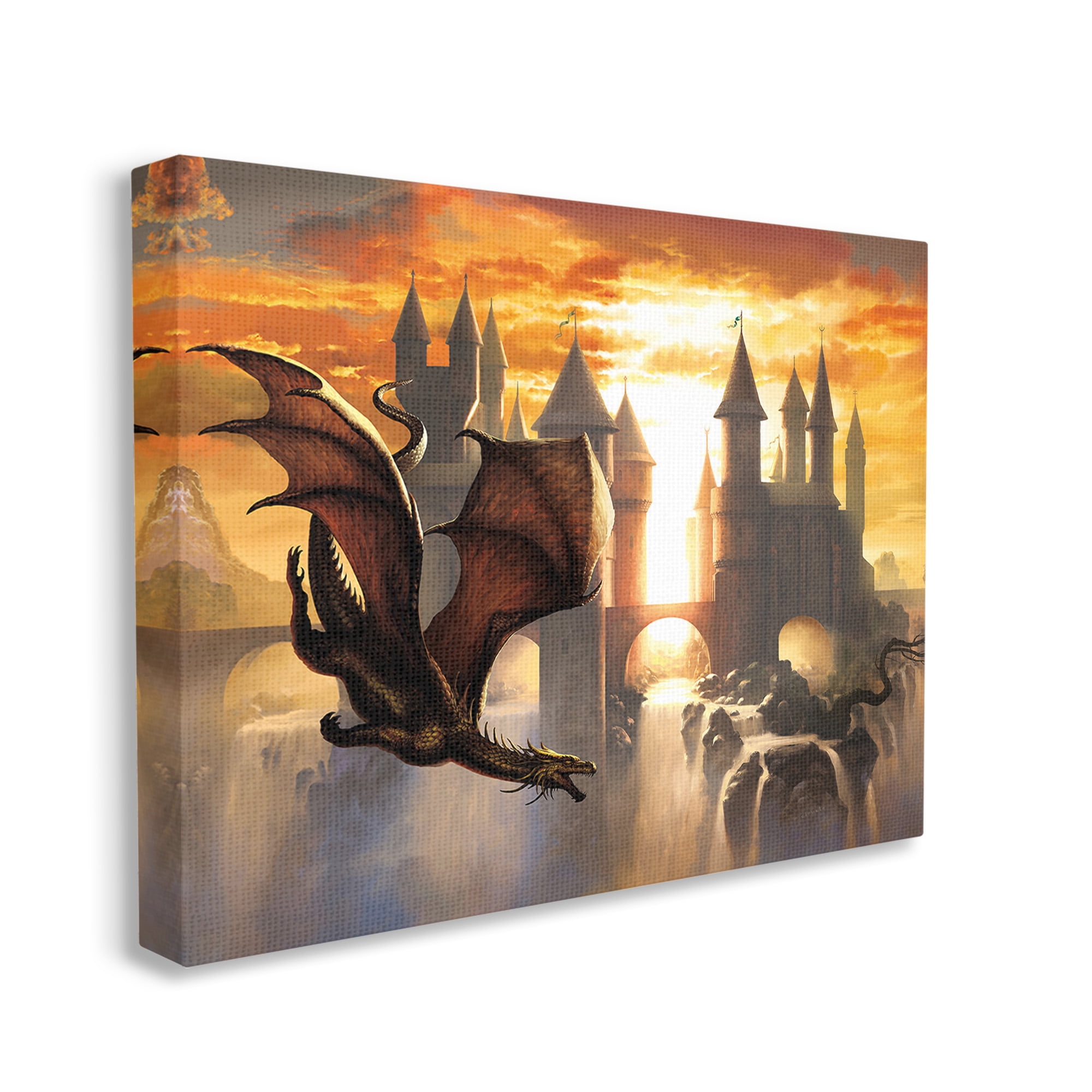 Stupell Industries Dragon & Castle Waterfall Fairy Tales & Fantasy Painting Gallery Wrapped Canvas Art Print Wall Art, 20 x 16
