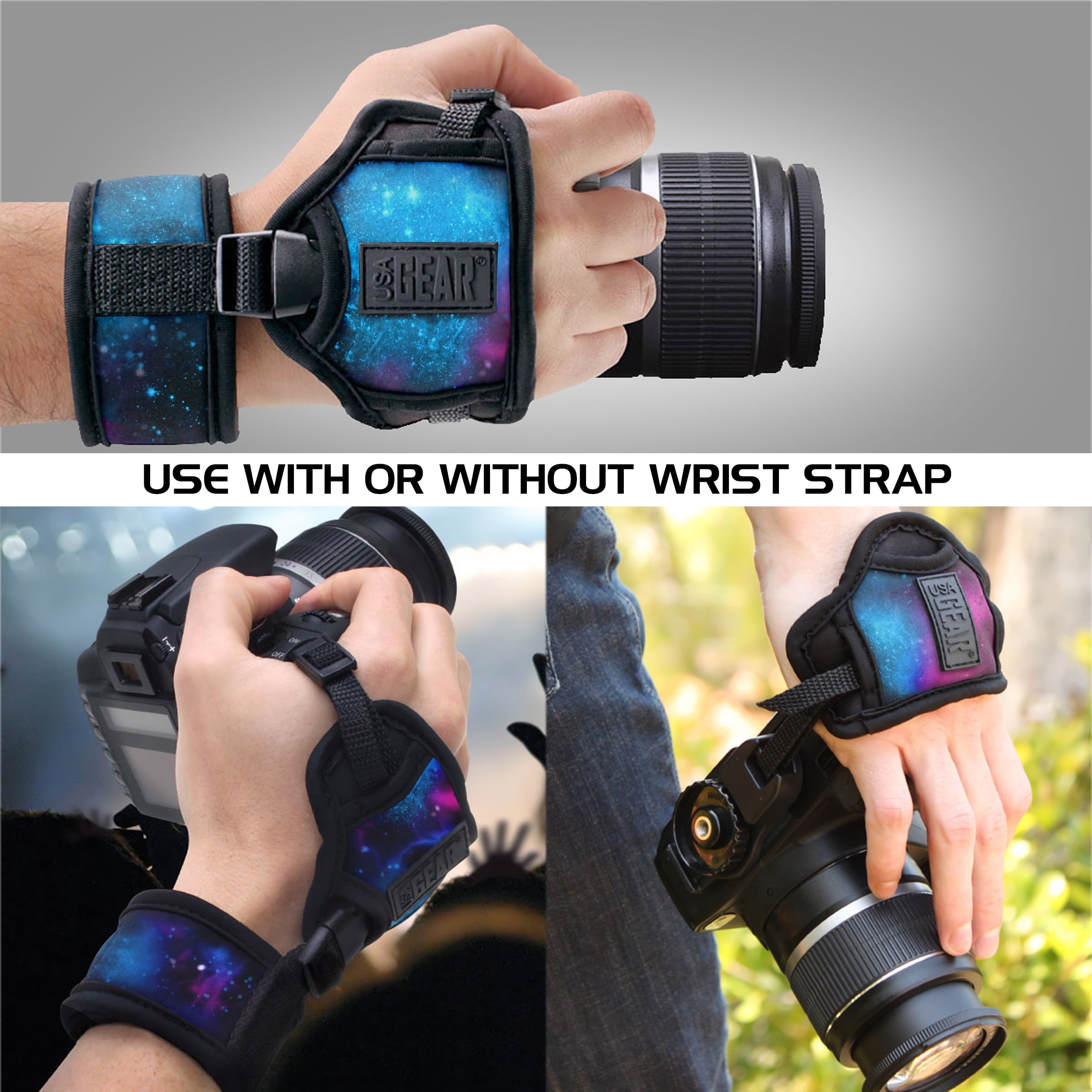 Nikon Compatible with Canon Sony and more DSLR Fujifilm Point /& Shoot Cameras USA GEAR Professional Camera Grip Hand Strap with Galaxy Neoprene Design and Metal Plate Mirrorless