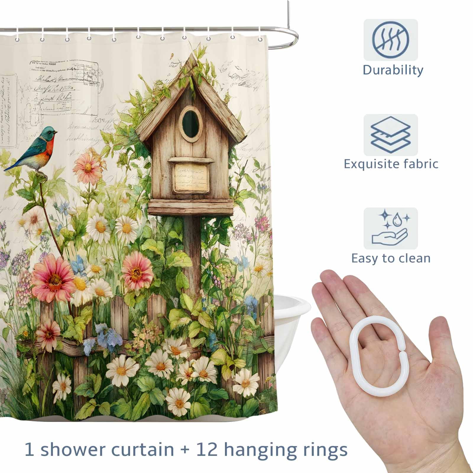Spring Flowers Shower Curtain for Bathroom, Country Watercolor Bird House Fence White Floral Leaf Beige Waterproof Cloth Fabric Bathroom Accessories Set with 12 Rust Proof Plastic Hooks, 36"x78"