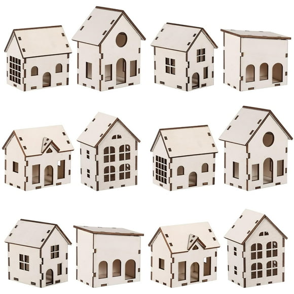 Hiboom 12 Pcs Ensembles de Village de Noël en Bois Kit d'Artisanat pour Enfants Adultes Cadeaux d'Artisanat de Noël